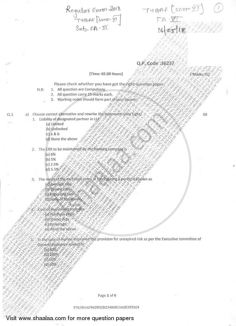 Financial Accounting 6 2017-2018 - B.Com. - Semester 6 (TYBAF) - University of Mumbai question paper with PDF download