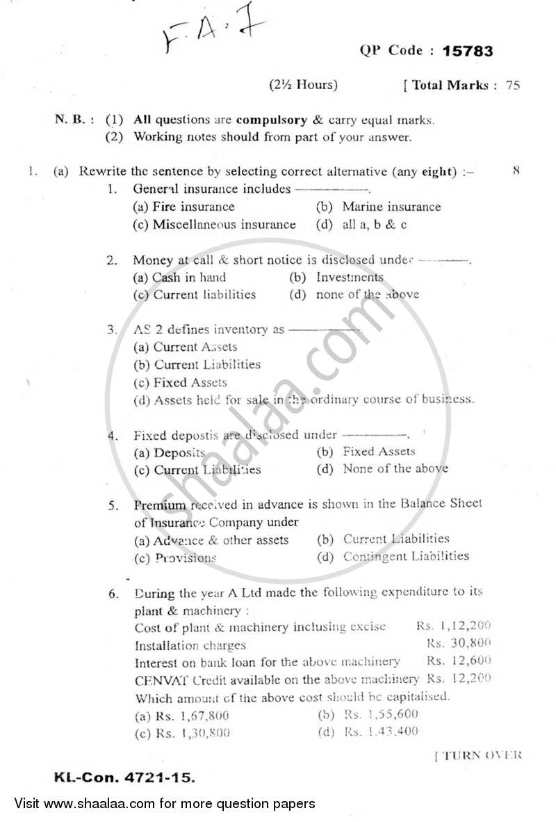 Financial Accounting 7 2014-2015 - B.Com. - Semester 6 (TYBAF) - University of Mumbai question paper with PDF download