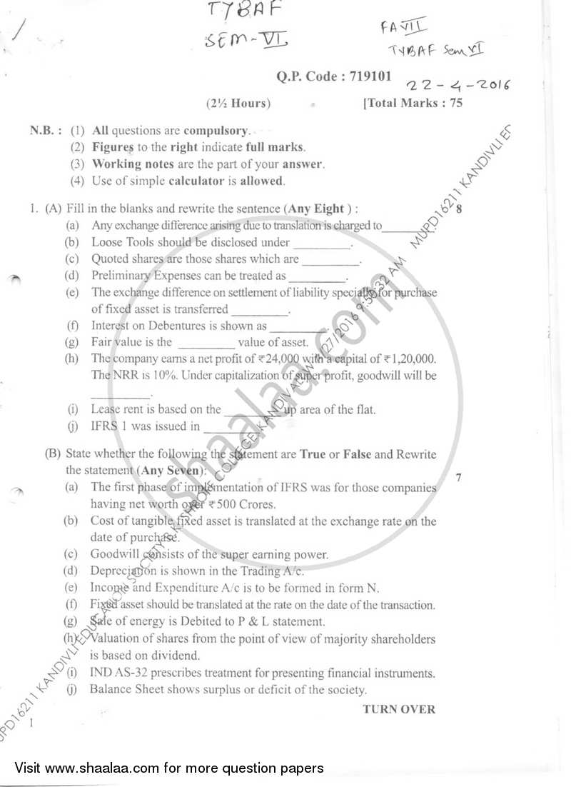 Financial Accounting 7 2015-2016 - B.Com. - Semester 6 (TYBAF) - University of Mumbai question paper with PDF download