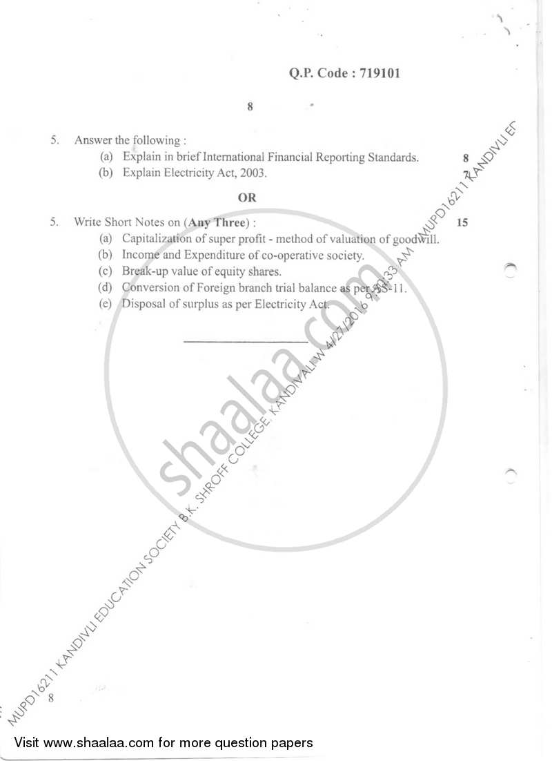 Financial Accounting 7 2015-2016 - B.Com. - Semester 6 (TYBAF) - University of Mumbai question paper with PDF download