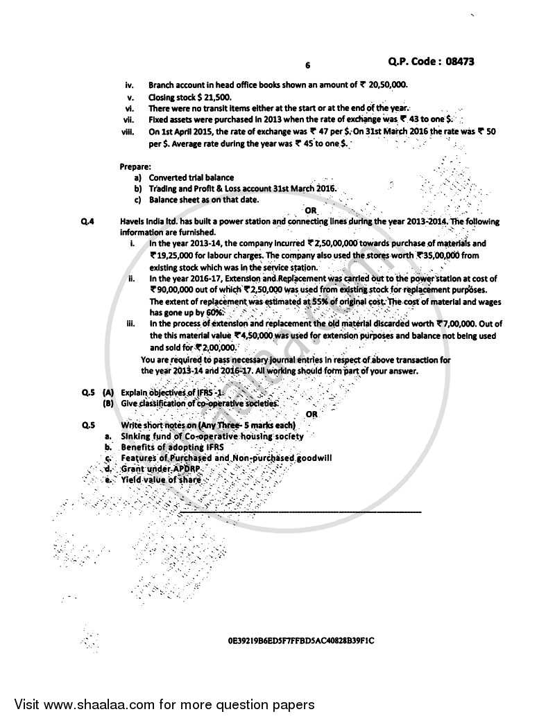 Financial Accounting 7 2016-2017 - B.Com. - Semester 6 (TYBAF) - University of Mumbai question paper with PDF download