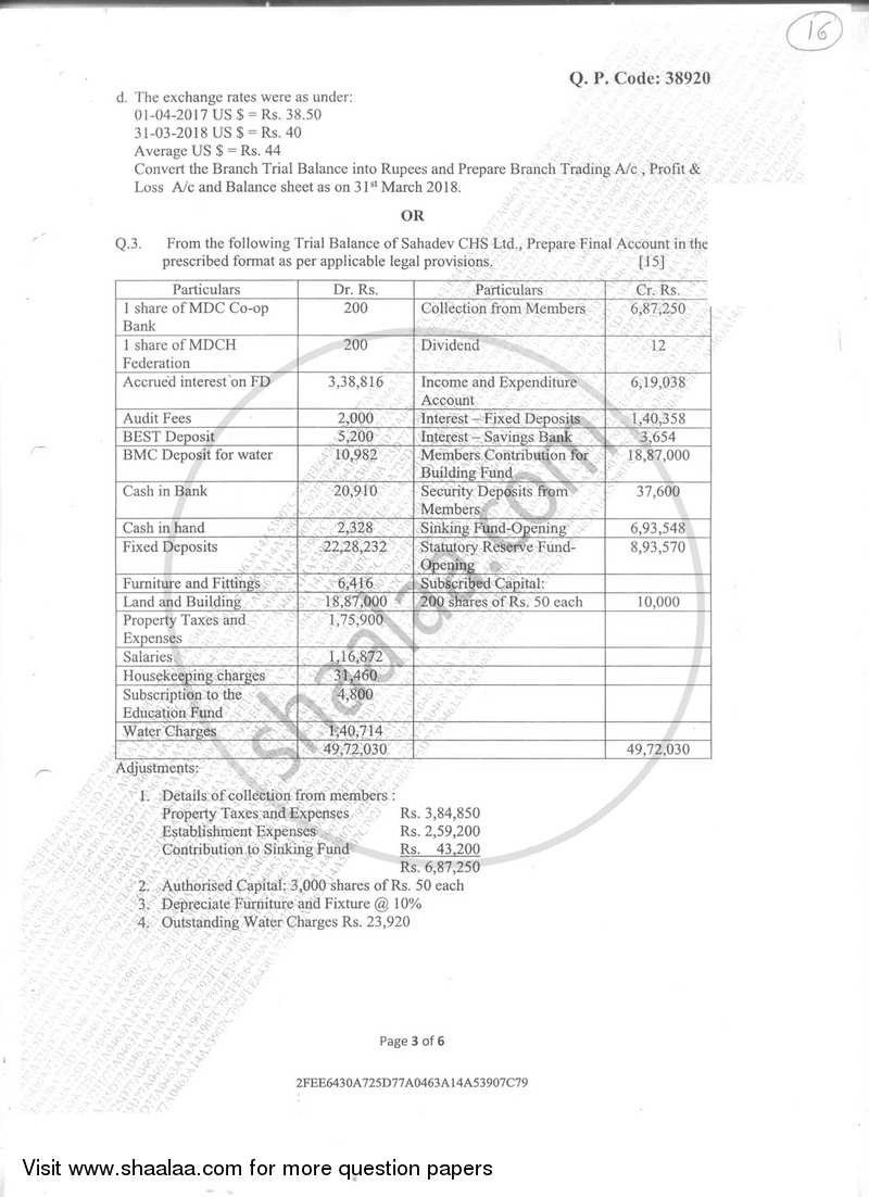 Financial Accounting 7 2017-2018 - B.Com. - Semester 6 (TYBAF) - University of Mumbai question paper with PDF download