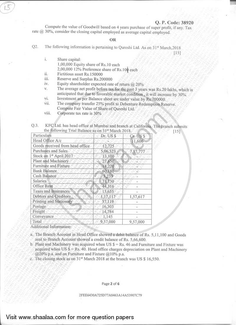 Financial Accounting 7 2017-2018 - B.Com. - Semester 6 (TYBAF) - University of Mumbai question paper with PDF download