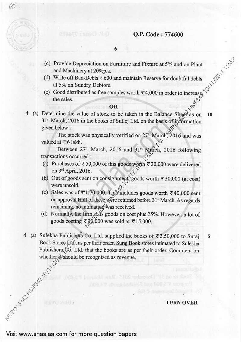 Financial Accounting Elements of Financial Accounting 1 2016-2017 - B.Com. - Semester 1 (FYBAF) - University of Mumbai question paper with PDF download