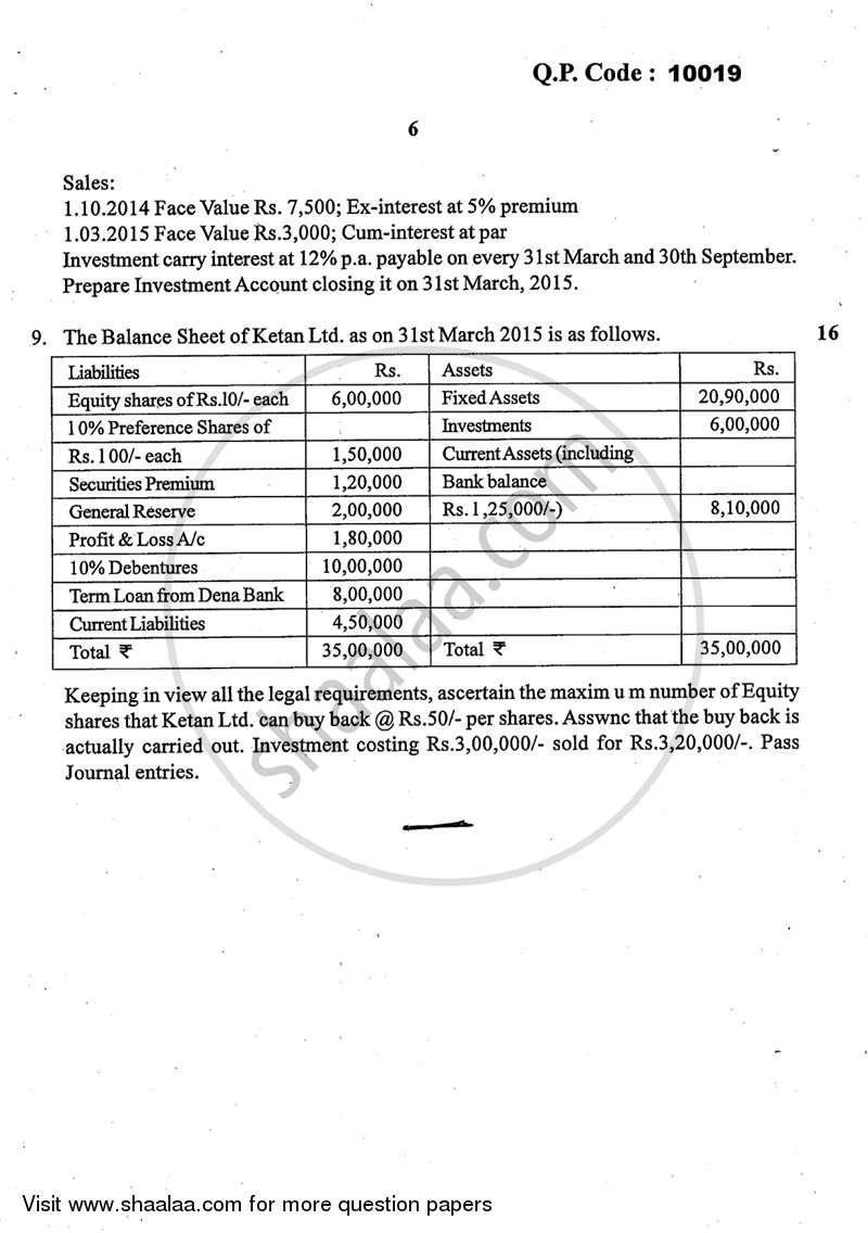 Financial Accounting (Financial Accounting and Auditing 3) 2014-2015 - B.Com. - 3rd Year (TYBcom) - University of Mumbai question paper with PDF download