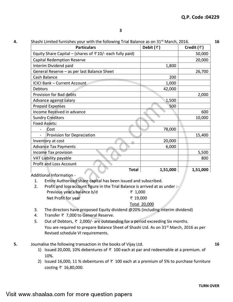 Financial Accounting (Financial Accounting and Auditing 3) 2016-2017 - B.Com. - 3rd Year (TYBcom) - University of Mumbai question paper with PDF download