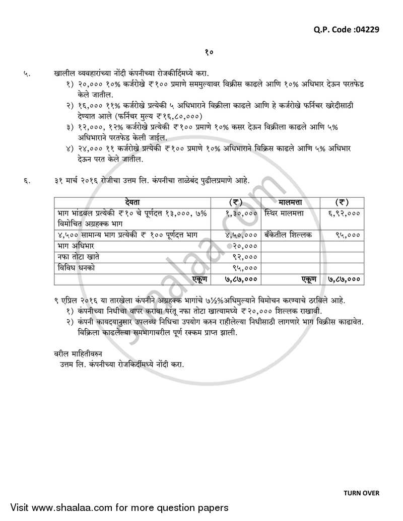 Financial Accounting (Financial Accounting and Auditing 3) 2016-2017 - B.Com. - 3rd Year (TYBcom) - University of Mumbai question paper with PDF download