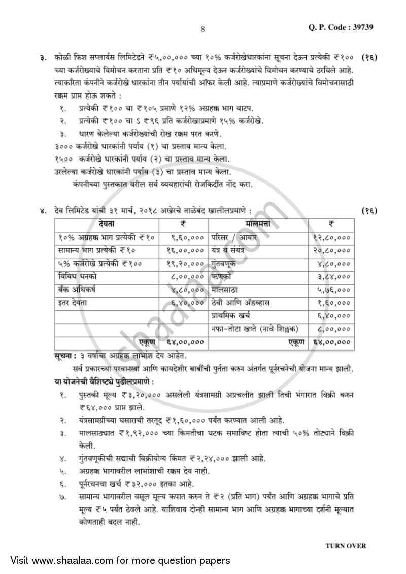 Financial Accounting (Financial Accounting and Auditing 3) 2017-2018 - B.Com. - 3rd Year (TYBcom) - University of Mumbai question paper with PDF download