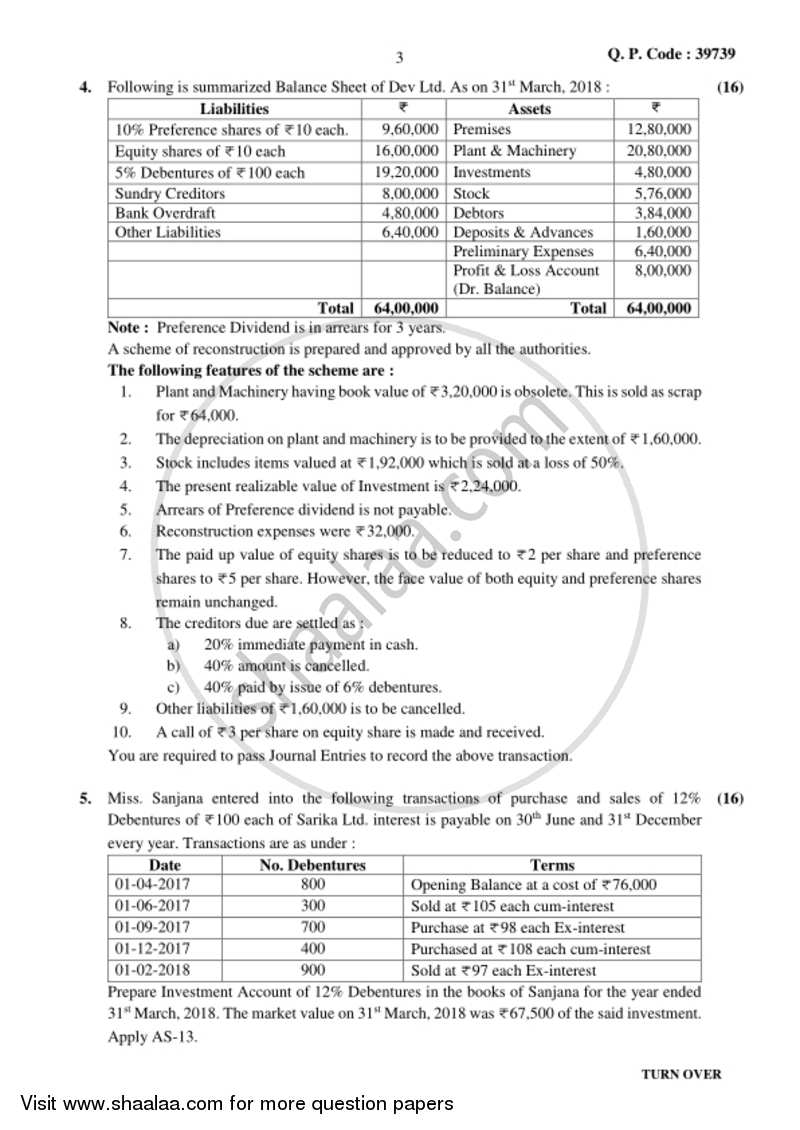 Financial Accounting (Financial Accounting and Auditing 3) 2017-2018 - B.Com. - 3rd Year (TYBcom) - University of Mumbai question paper with PDF download