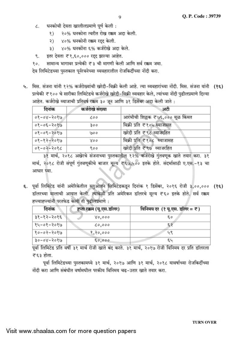 Financial Accounting (Financial Accounting and Auditing 3) 2017-2018 - B.Com. - 3rd Year (TYBcom) - University of Mumbai question paper with PDF download