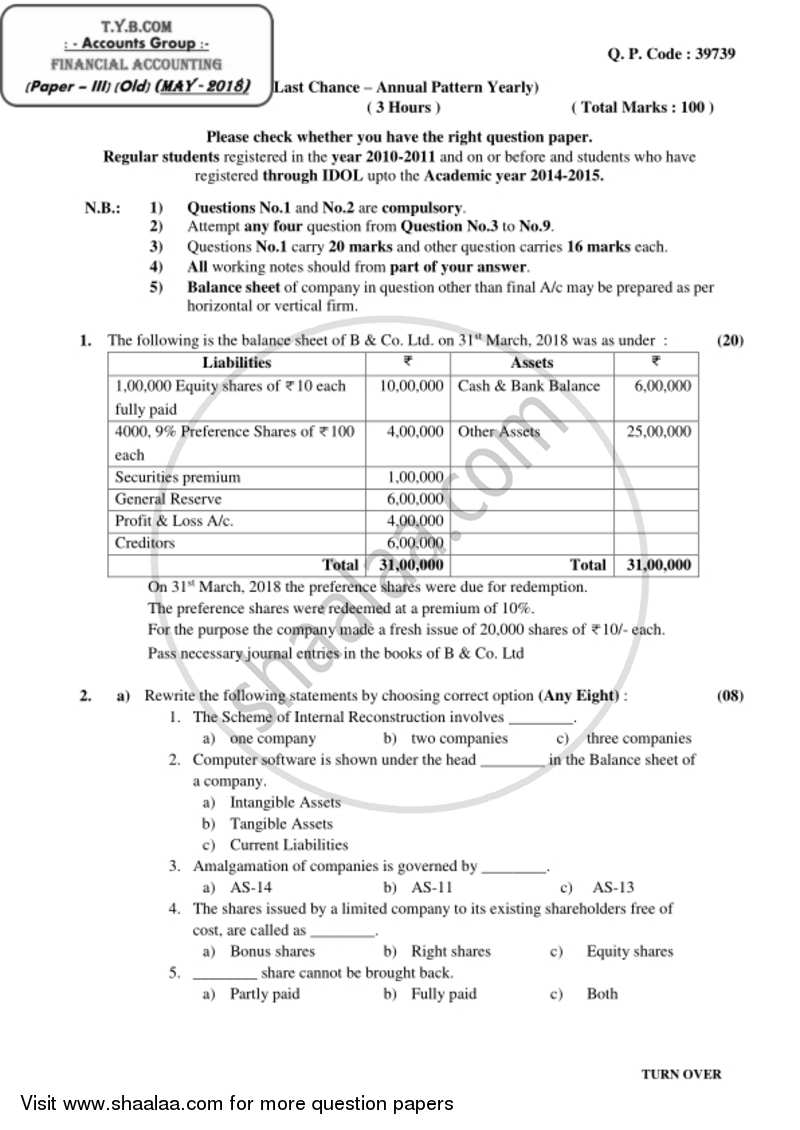 Financial Accounting (Financial Accounting and Auditing 3) 2017-2018 - B.Com. - 3rd Year (TYBcom) - University of Mumbai question paper with PDF download