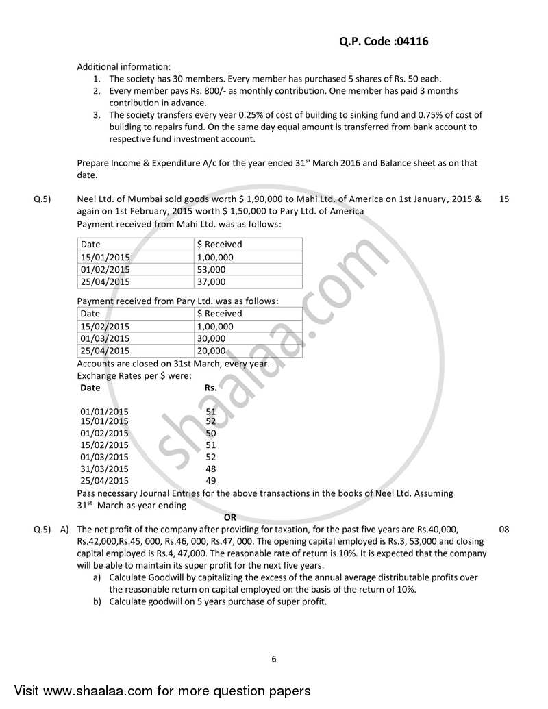 Financial Accounting (Financial Accounting and Auditing 3) 2017-2018 - B.Com. - 3rd Year (TYBcom) - University of Mumbai question paper with PDF download