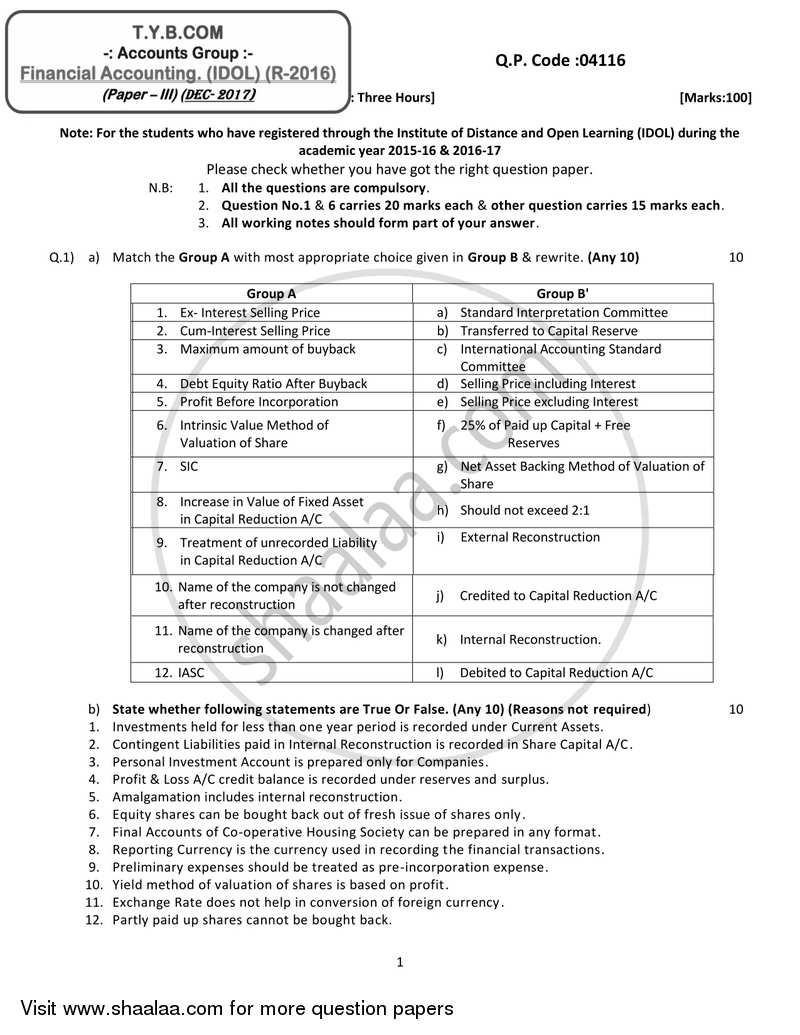 Financial Accounting (Financial Accounting and Auditing 3) 2017-2018 - B.Com. - 3rd Year (TYBcom) - University of Mumbai question paper with PDF download