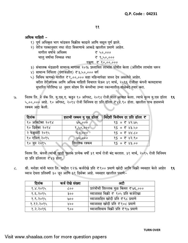 Financial Accounting (Financial Accounting and Auditing 3) 2017-2018 - B.Com. - 3rd Year (TYBcom) - University of Mumbai question paper with PDF download