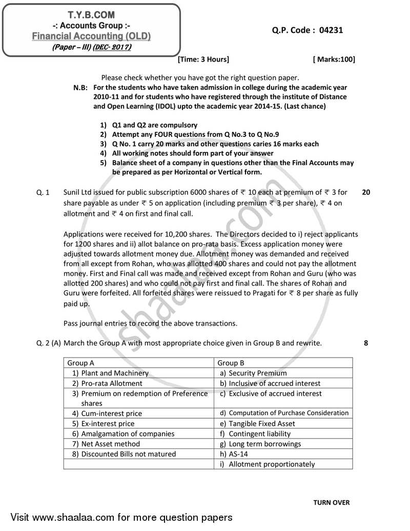 Financial Accounting (Financial Accounting and Auditing 3) 2017-2018 - B.Com. - 3rd Year (TYBcom) - University of Mumbai question paper with PDF download