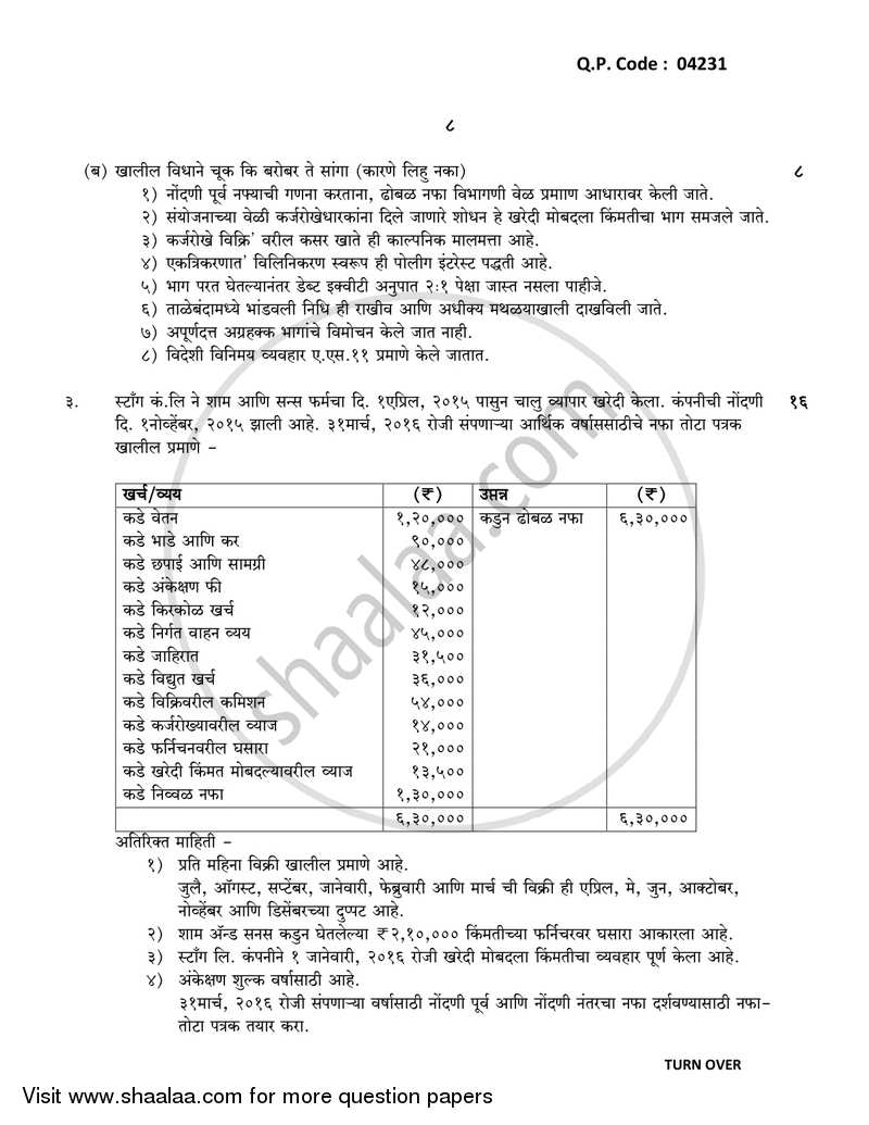 Financial Accounting (Financial Accounting and Auditing 3) 2017-2018 - B.Com. - 3rd Year (TYBcom) - University of Mumbai question paper with PDF download