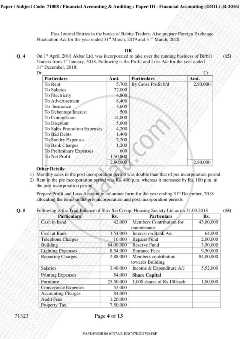 Financial Accounting (Financial Accounting and Auditing 3) 2018-2019 - B.Com. - 3rd Year (TYBcom) - University of Mumbai question paper with PDF download