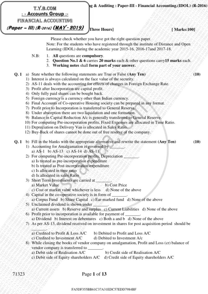 Financial Accounting (Financial Accounting and Auditing 3) 2018-2019 - B.Com. - 3rd Year (TYBcom) - University of Mumbai question paper with PDF download