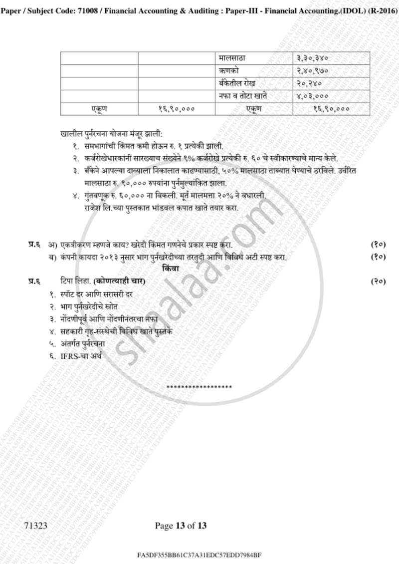 Financial Accounting (Financial Accounting and Auditing 3) 2018-2019 - B.Com. - 3rd Year (TYBcom) - University of Mumbai question paper with PDF download