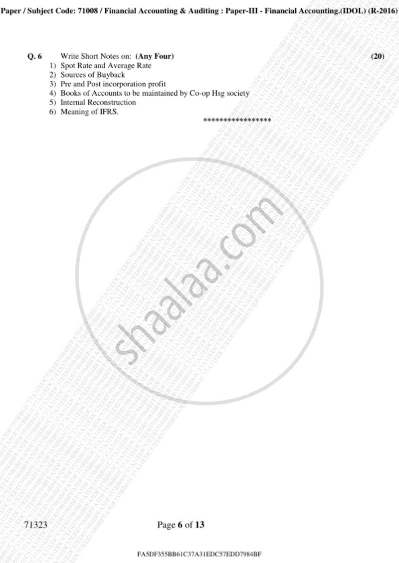 Financial Accounting (Financial Accounting and Auditing 3) 2018-2019 - B.Com. - 3rd Year (TYBcom) - University of Mumbai question paper with PDF download