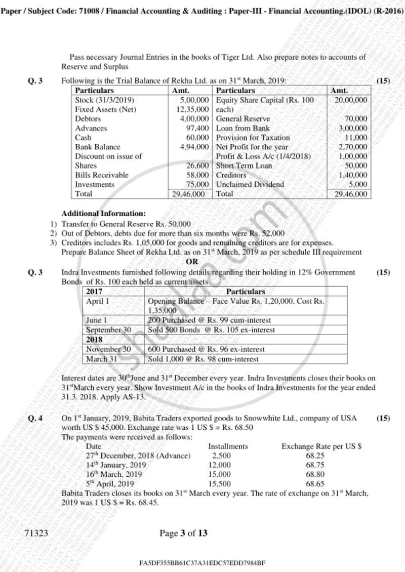 Financial Accounting (Financial Accounting and Auditing 3) 2018-2019 - B.Com. - 3rd Year (TYBcom) - University of Mumbai question paper with PDF download