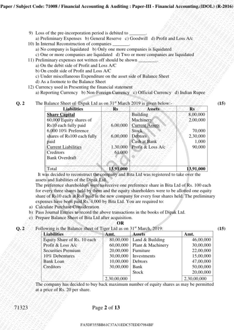 Financial Accounting (Financial Accounting and Auditing 3) 2018-2019 - B.Com. - 3rd Year (TYBcom) - University of Mumbai question paper with PDF download