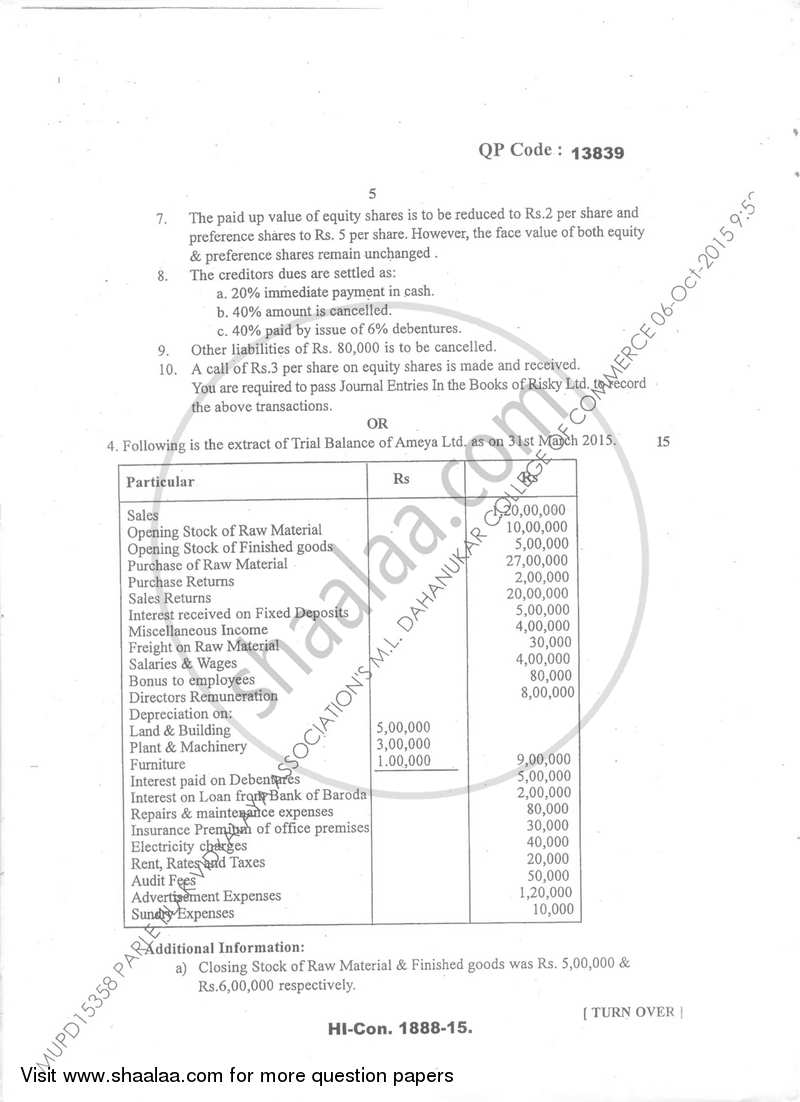 Financial Accounting (Financial Accounting and Auditing 5) 2015-2016 - B.Com. - Semester 5 (TYBcom) - University of Mumbai question paper with PDF download