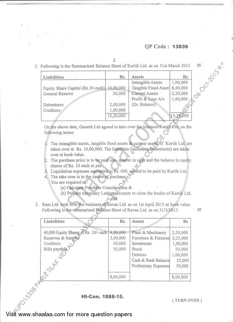 Financial Accounting (Financial Accounting and Auditing 5) 2015-2016 - B.Com. - Semester 5 (TYBcom) - University of Mumbai question paper with PDF download