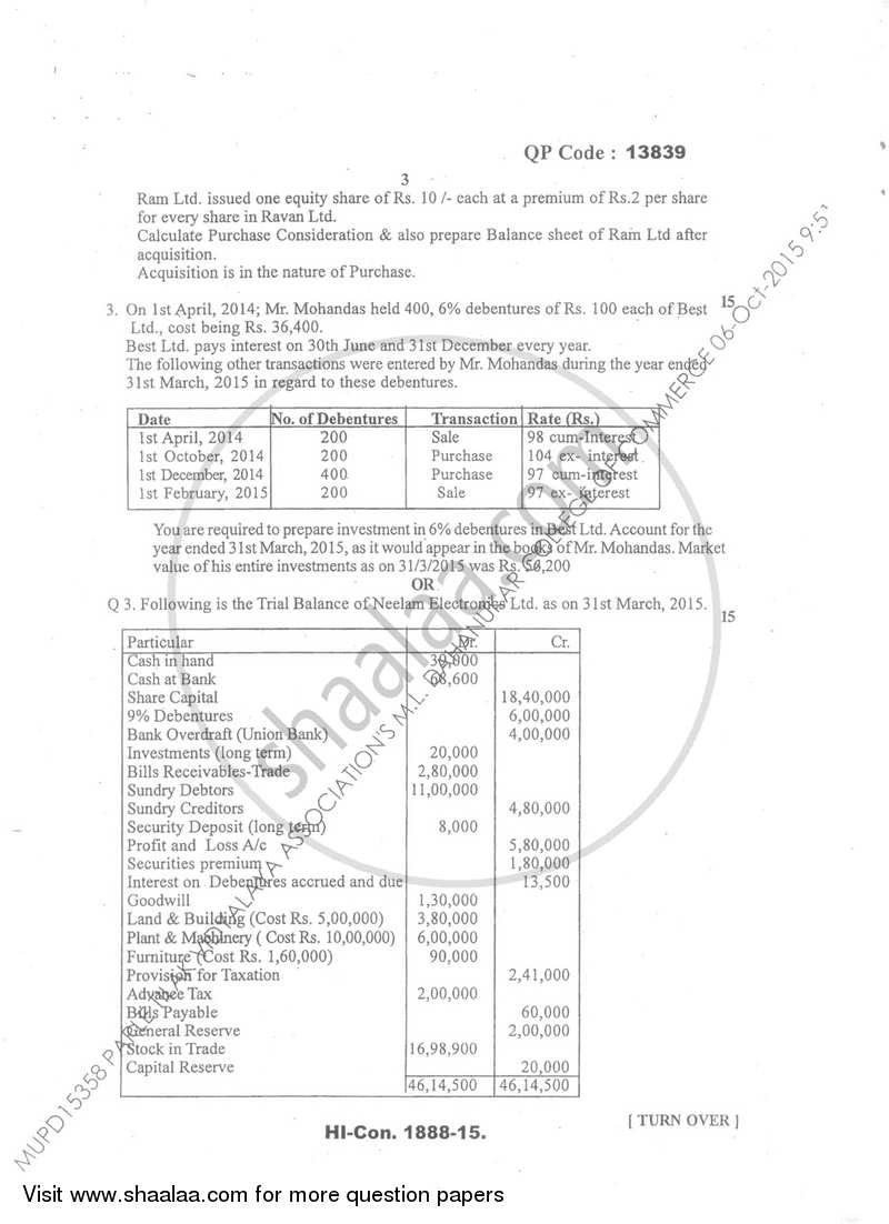 Financial Accounting (Financial Accounting and Auditing 5) 2015-2016 - B.Com. - Semester 5 (TYBcom) - University of Mumbai question paper with PDF download