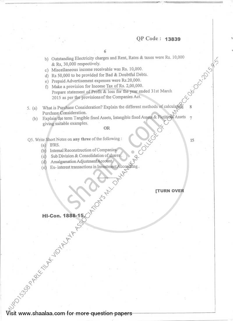 Financial Accounting (Financial Accounting and Auditing 5) 2015-2016 - B.Com. - Semester 5 (TYBcom) - University of Mumbai question paper with PDF download