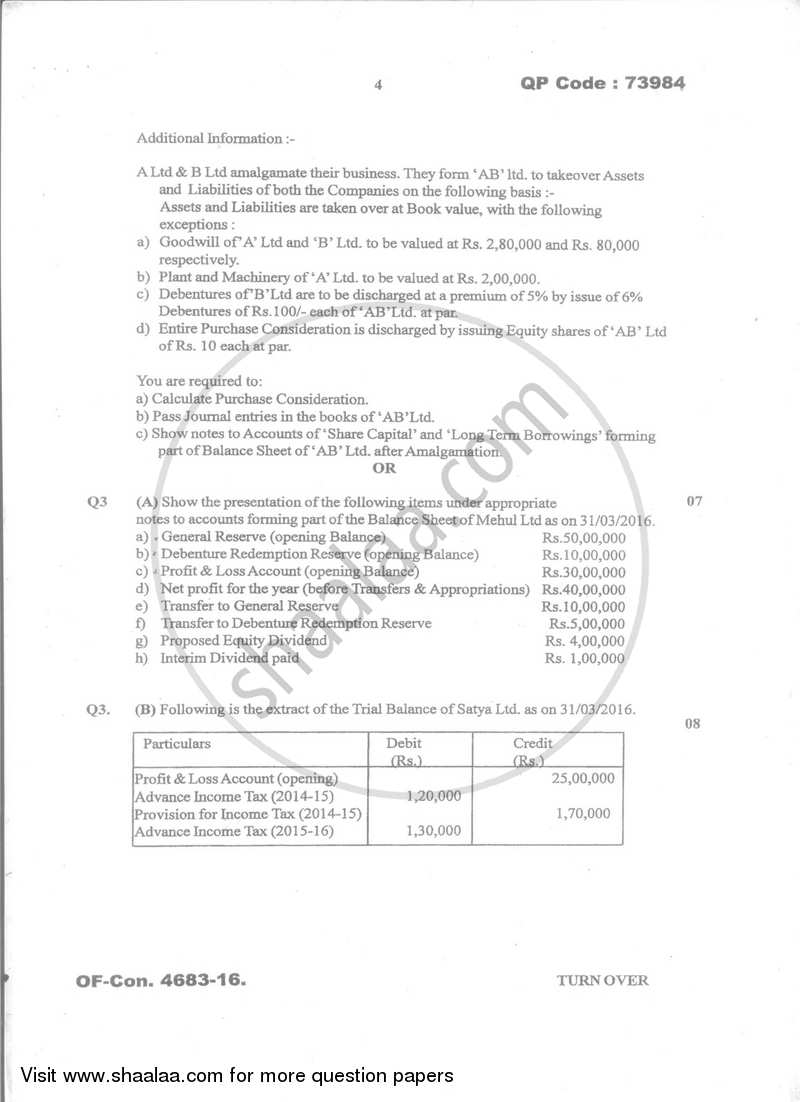 Financial Accounting (Financial Accounting and Auditing 5) 2016-2017 - B.Com. - Semester 5 (TYBcom) - University of Mumbai question paper with PDF download