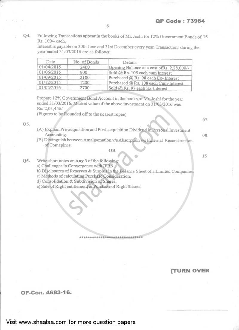 Financial Accounting (Financial Accounting and Auditing 5) 2016-2017 - B.Com. - Semester 5 (TYBcom) - University of Mumbai question paper with PDF download