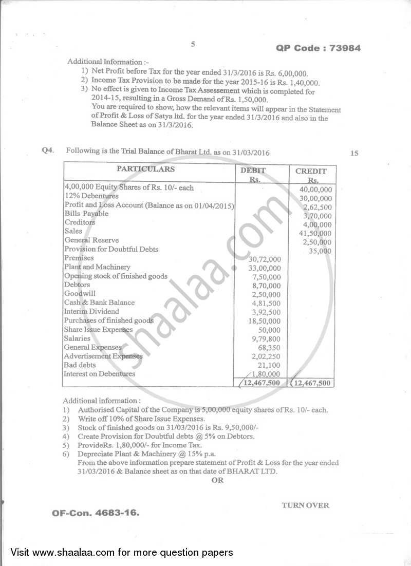 Financial Accounting (Financial Accounting and Auditing 5) 2016-2017 - B.Com. - Semester 5 (TYBcom) - University of Mumbai question paper with PDF download
