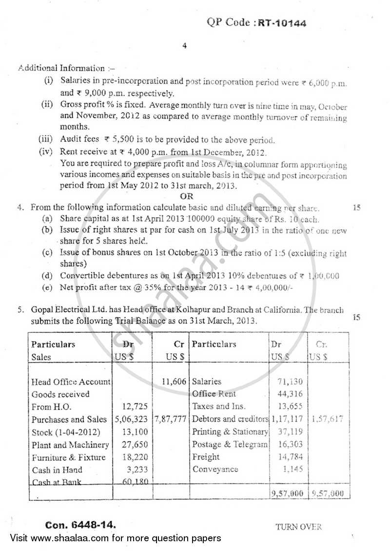 Financial Accounting (Financial Accounting and Auditing 8) 2013-2014 - B.Com. - Semester 6 (TYBAF) - University of Mumbai question paper with PDF download