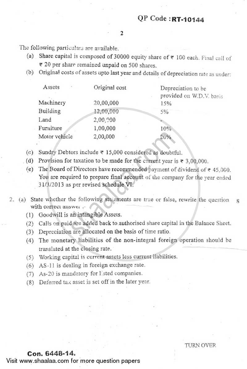 Financial Accounting (Financial Accounting and Auditing 8) 2013-2014 - B.Com. - Semester 6 (TYBAF) - University of Mumbai question paper with PDF download