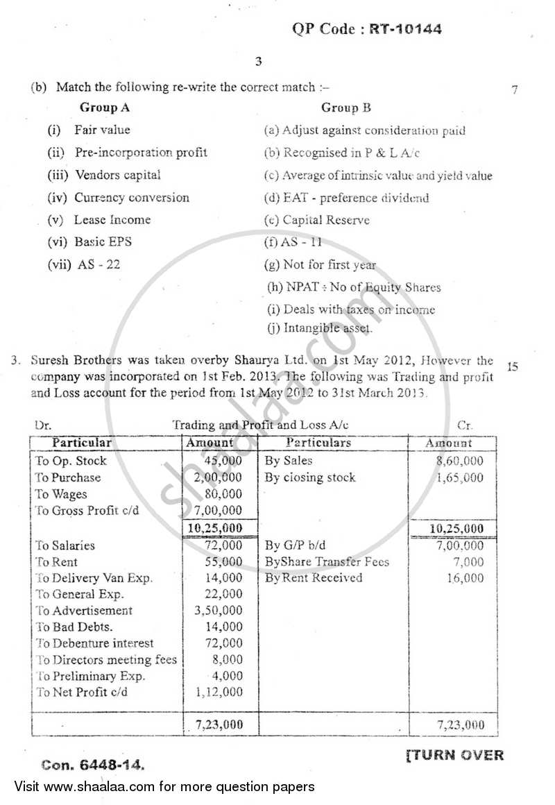 Financial Accounting (Financial Accounting and Auditing 8) 2013-2014 - B.Com. - Semester 6 (TYBAF) - University of Mumbai question paper with PDF download