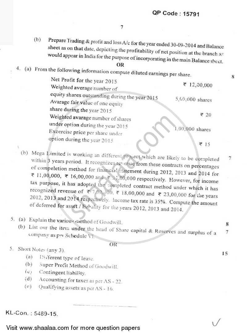 Financial Accounting (Financial Accounting and Auditing 8) 2014-2015 - B.Com. - Semester 6 (TYBAF) - University of Mumbai question paper with PDF download