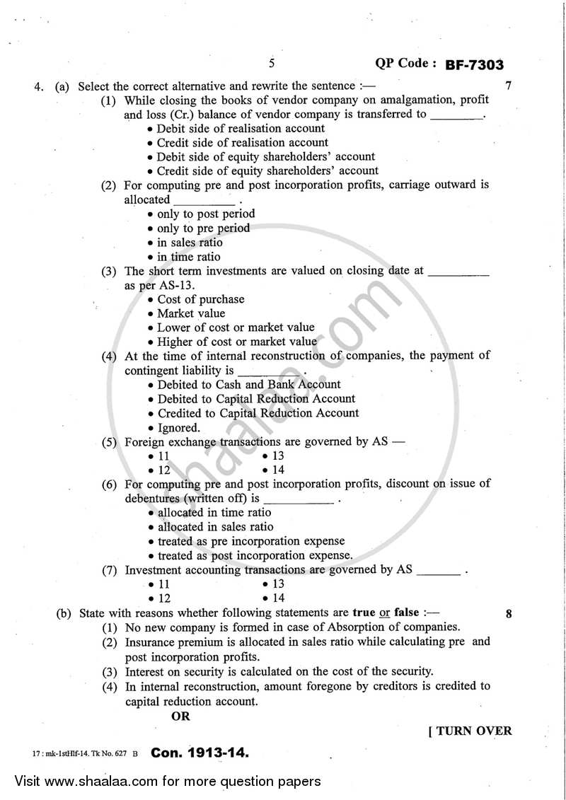 Financial Accounting (Financial Accounting and Auditing 8) 2013-2014 - B.Com. - Semester 6 (TYBcom) - University of Mumbai question paper with PDF download