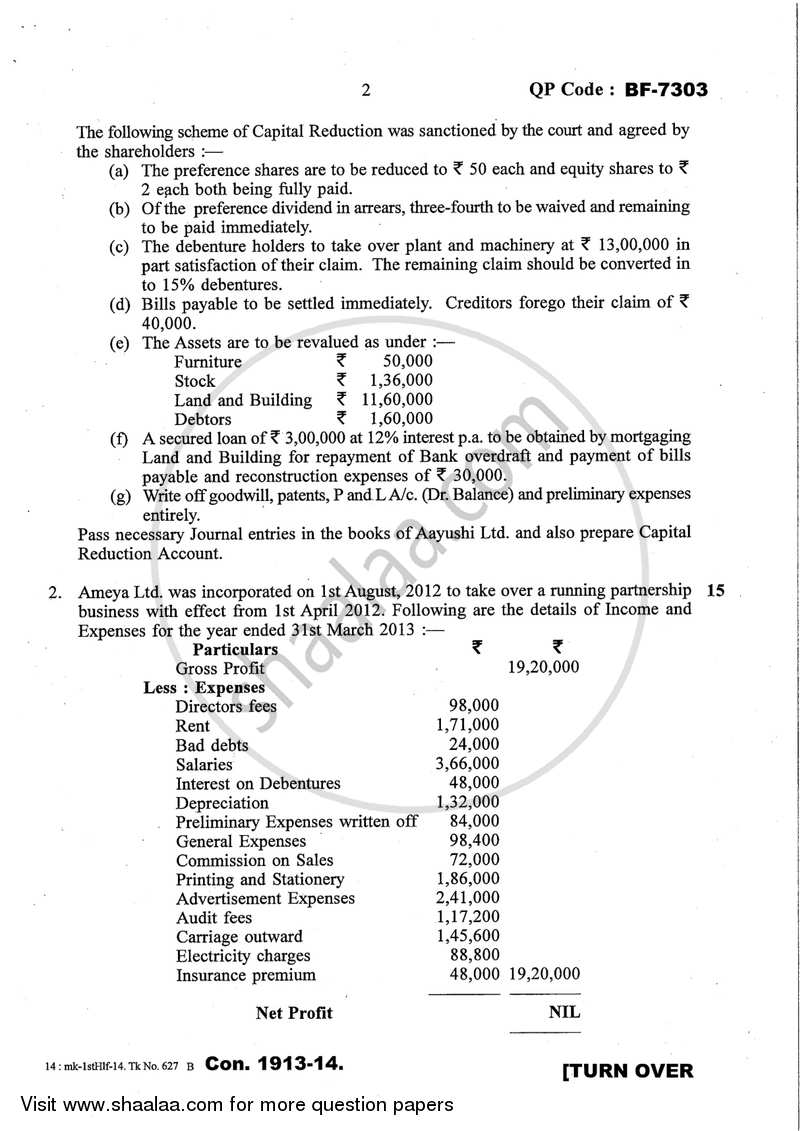 Financial Accounting (Financial Accounting and Auditing 8) 2013-2014 - B.Com. - Semester 6 (TYBcom) - University of Mumbai question paper with PDF download