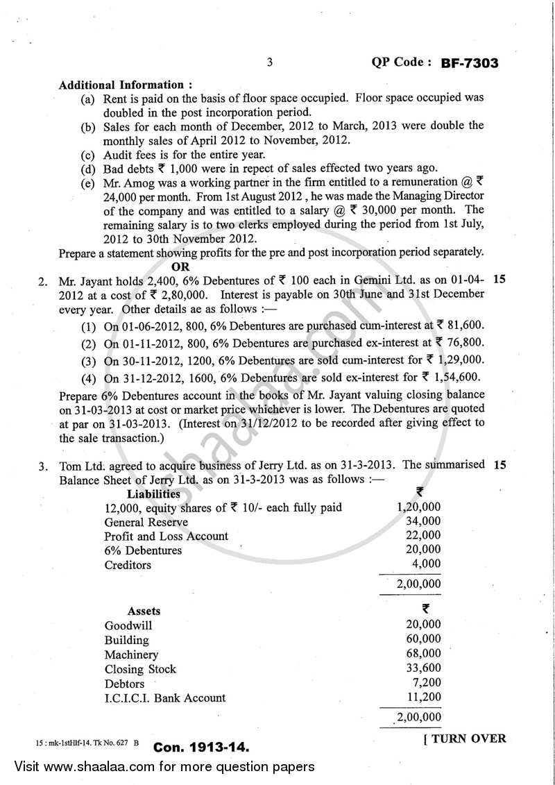Financial Accounting (Financial Accounting and Auditing 8) 2013-2014 - B.Com. - Semester 6 (TYBcom) - University of Mumbai question paper with PDF download