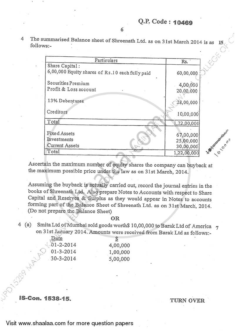 Financial Accounting (Financial Accounting and Auditing 8) 2014-2015 - B.Com. - Semester 6 (TYBcom) - University of Mumbai question paper with PDF download