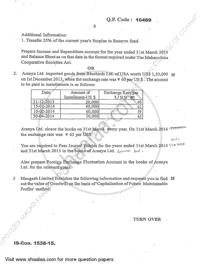 Financial Accounting (Financial Accounting and Auditing 8) 2014-2015 - B.Com. - Semester 6 (TYBcom) - University of Mumbai question paper with PDF download