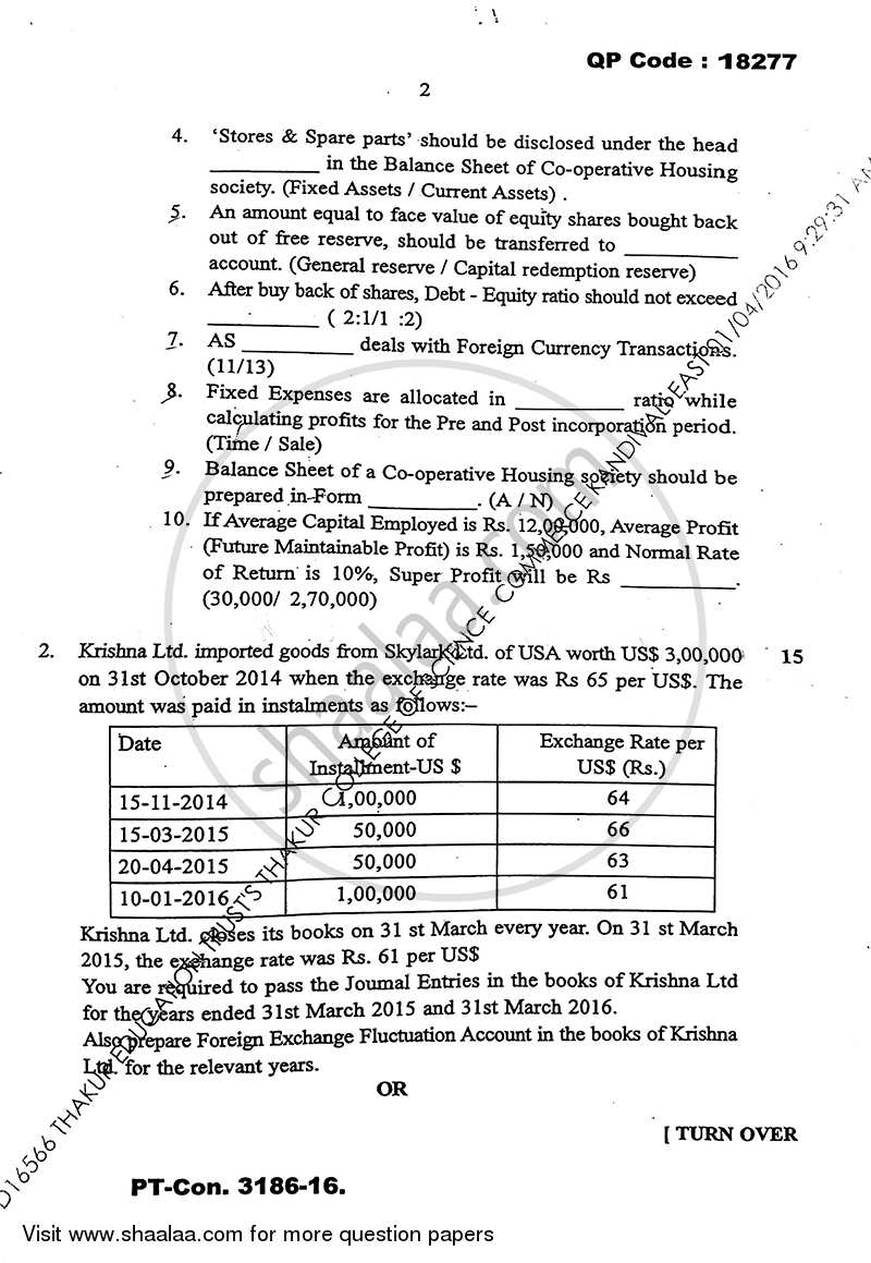 Financial Accounting (Financial Accounting and Auditing 8) 2015-2016 - B.Com. - Semester 6 (TYBcom) - University of Mumbai question paper with PDF download