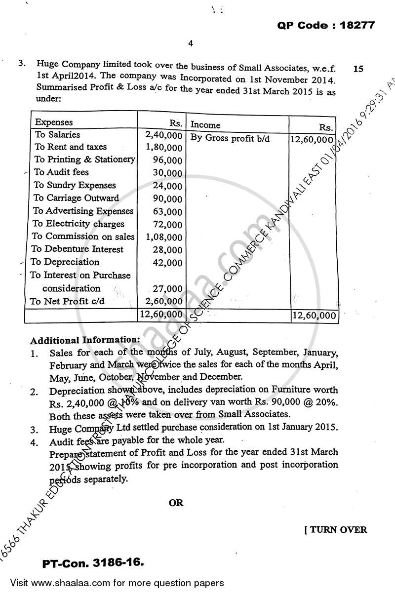 Financial Accounting (Financial Accounting and Auditing 8) 2015-2016 - B.Com. - Semester 6 (TYBcom) - University of Mumbai question paper with PDF download