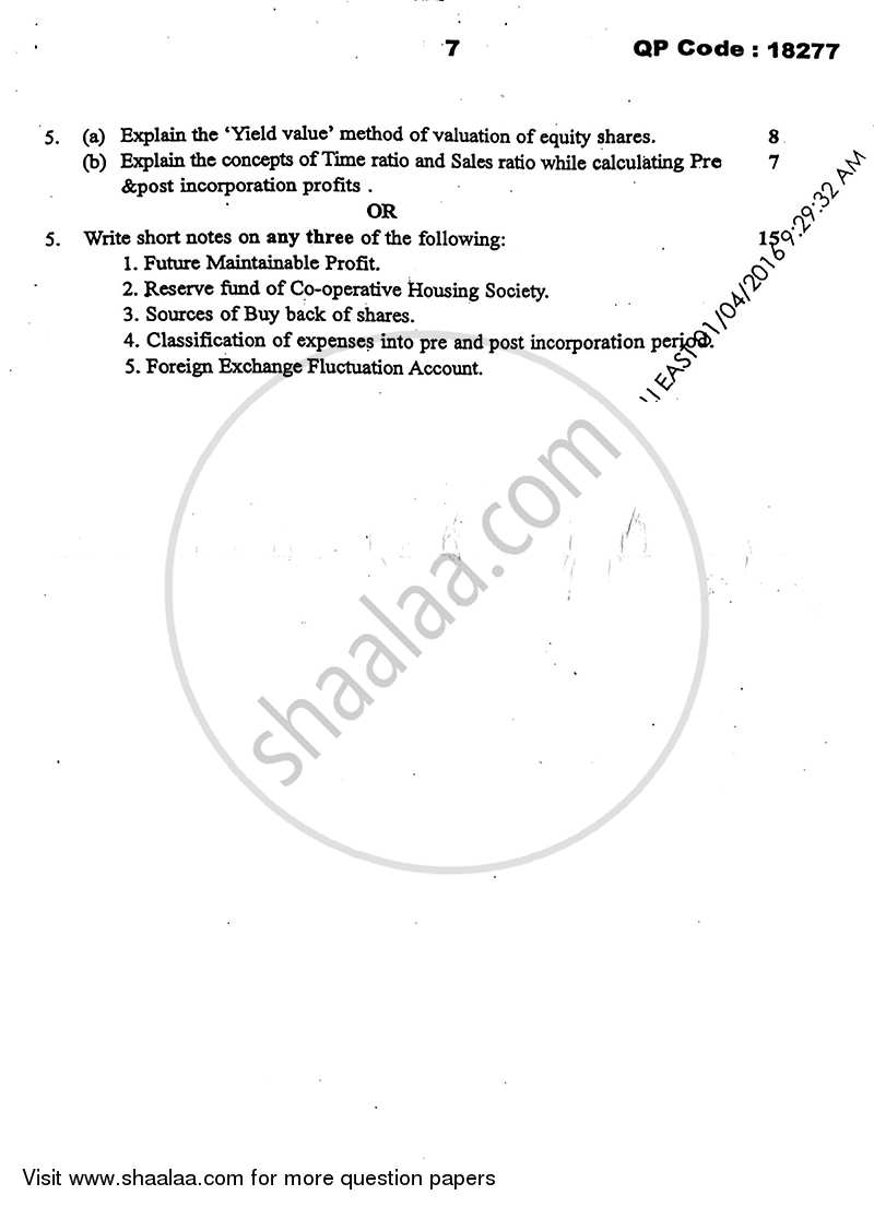 Financial Accounting (Financial Accounting and Auditing 8) 2015-2016 - B.Com. - Semester 6 (TYBcom) - University of Mumbai question paper with PDF download