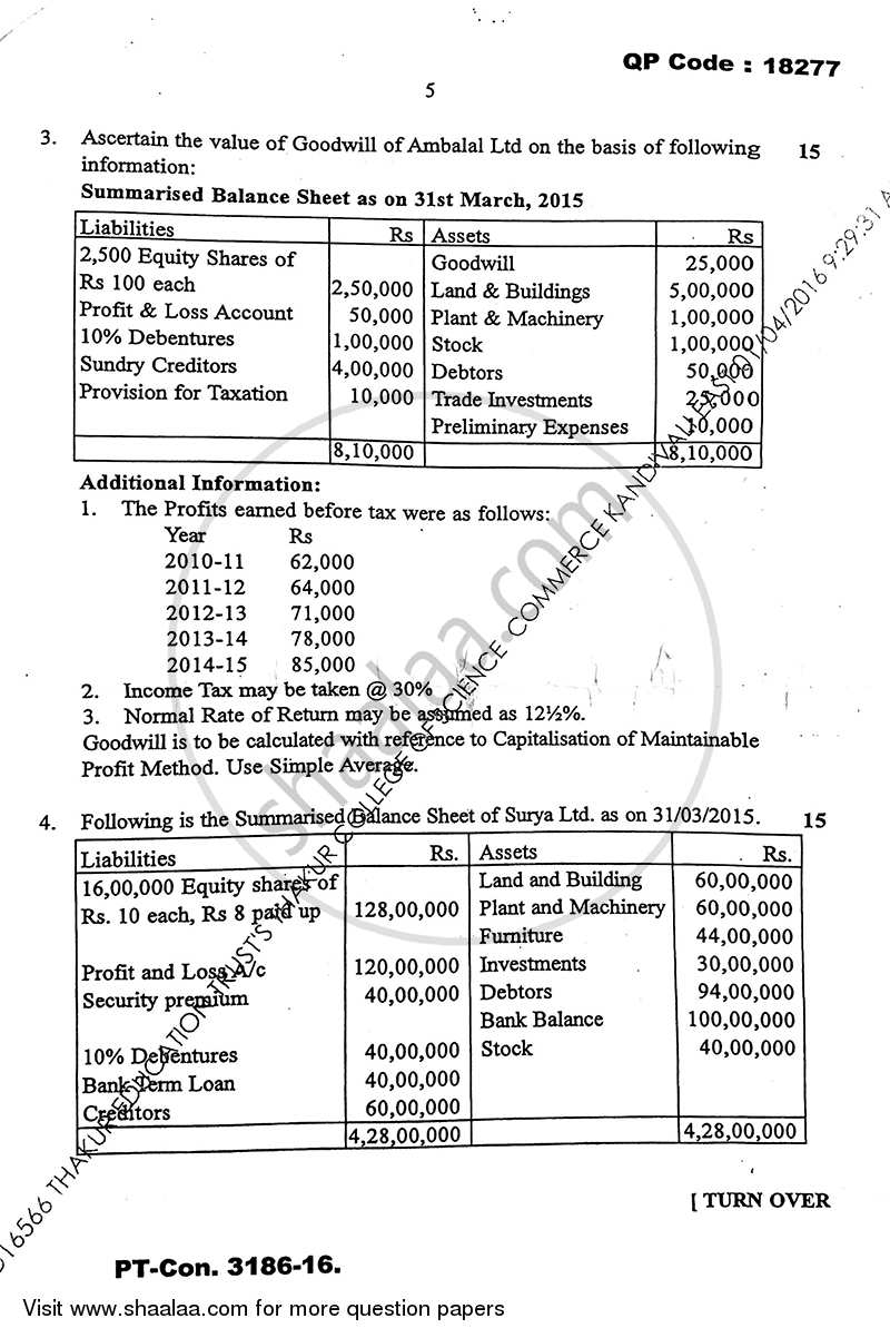 Financial Accounting (Financial Accounting and Auditing 8) 2015-2016 - B.Com. - Semester 6 (TYBcom) - University of Mumbai question paper with PDF download