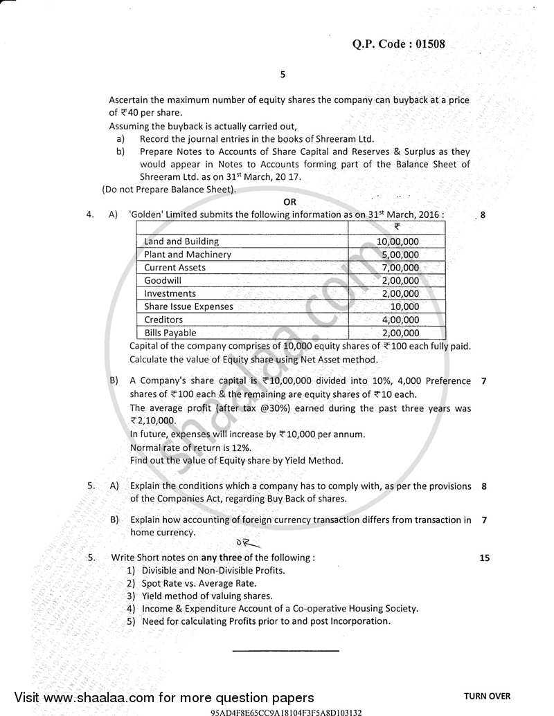 Financial Accounting (Financial Accounting and Auditing 8) 2016-2017 - B.Com. - Semester 6 (TYBcom) - University of Mumbai question paper with PDF download