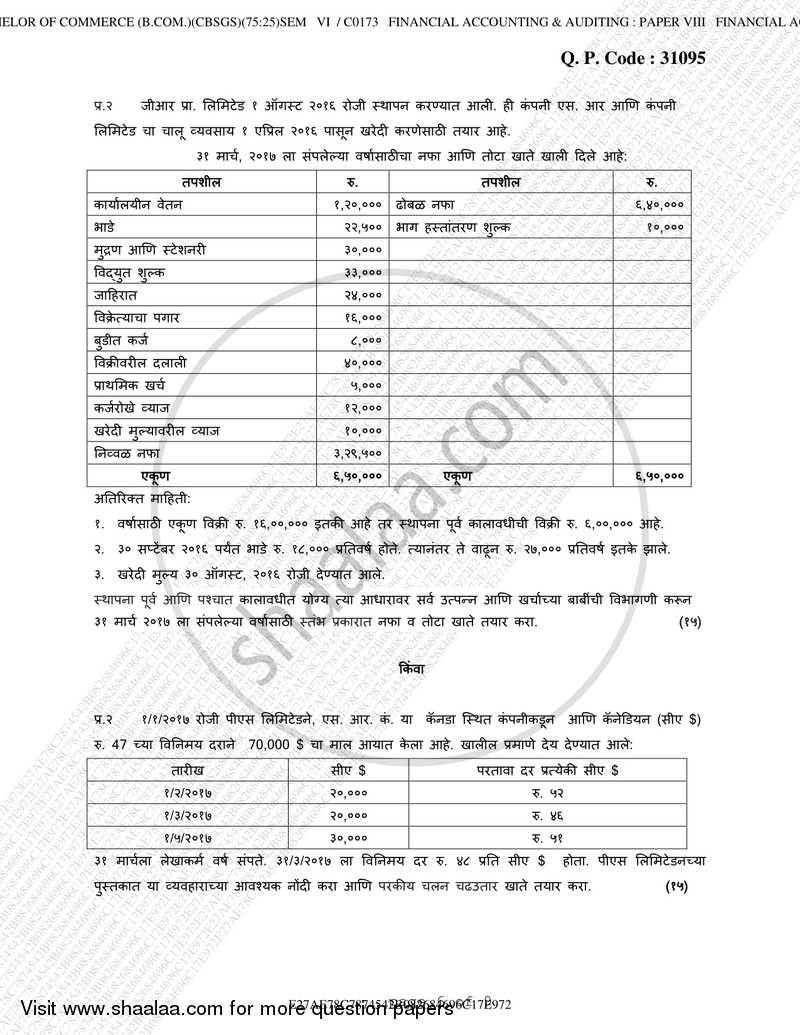 Financial Accounting (Financial Accounting and Auditing 8) 2017-2018 - B.Com. - Semester 6 (TYBcom) - University of Mumbai question paper with PDF download