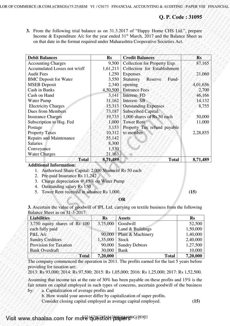 Financial Accounting (Financial Accounting and Auditing 8) 2017-2018 - B.Com. - Semester 6 (TYBcom) - University of Mumbai question paper with PDF download