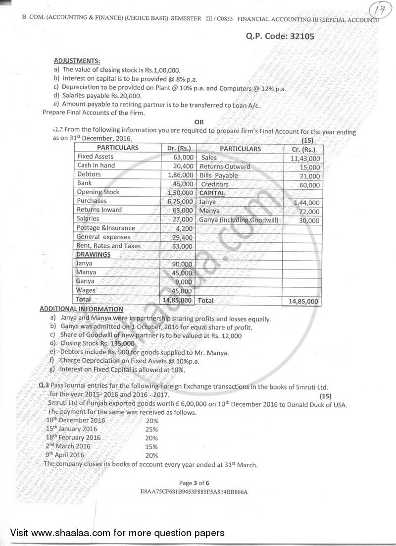 Financial Accounting Paper– 3 (Special Accounting Areas) 2017-2018 - B.Com. - Semester 3 (SYBAF) - University of Mumbai question paper with PDF download